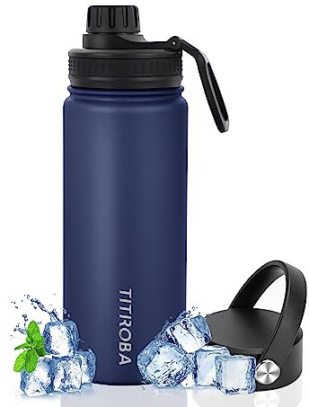 TITIROBA Gourde isotherme en acier inoxydable - 600 ml - Anti-fuite - Sans BPA - Double paroi - Isolation sous vide - Bleu marine