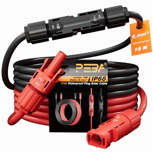 PEBA Prolunga Cavo Solare 2 x 15 M da 6mm²/10AWG 1/2/3/5/8/10/15/20 m con Spina Solare, cavo di prolunga solare fotovoltaico (rosso/nero), spina impermeabile IP68, cavo PV (6mm² 2 x 15M)