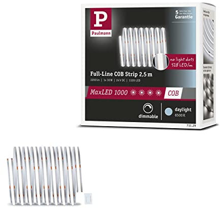 Paulmann 71129 MaxLED 1000 LED Strip Full-Line COB 30W 640lm/m 528LEDs/m dimmbar 2,5m Silber Kunststoff 6500K LED Band erweiterbar