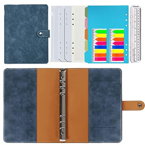 Ringbuch a5 Nachfüllbar,PU Leder Nachfüllbares Notizbuch Ringbuch A5 Tagebuch Karierte Papier Echtleder Innentaschen für Reisearbeit und Organizer,Geschenk für Mädchen, Jungen (Blau,23x17cm)