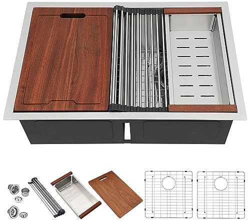 LORDEAR 71,1 cm Unterbau-Küchenspüle, 16 Gauge, Edelstahl, 50/50 Doppelbecken mit intelligenter niedriger Trennwand, 28 x 19 Doppelbecken