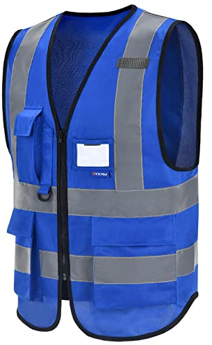 AYKRM 21 Couleurs 7 Poches de Classe 2 Gilet de sécurité Bleu Haute visibilité Devant avec des Bandes réfléchissantes, Unisexe