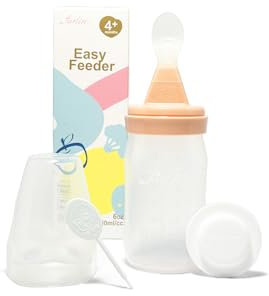 FARLIN Baby Food Easy Feeder, 6 oz, Squeeze Bottle with Dispensing Spoon - Wide Neck Easy to Clean, Soft Safety Spoon, BPA Free for Infant Feeding, Weaning Spoons (6oz, 180ml/cc, Pink)
