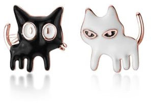 SLUYNZ Sterlingsilber Katze Ohrstecker für Mädchen Damen Haustier Katze Ohrstecker Schwarz Weiß Katze Ohrringe Geschenk für Katzen liebhaber(C-Rose Gold)