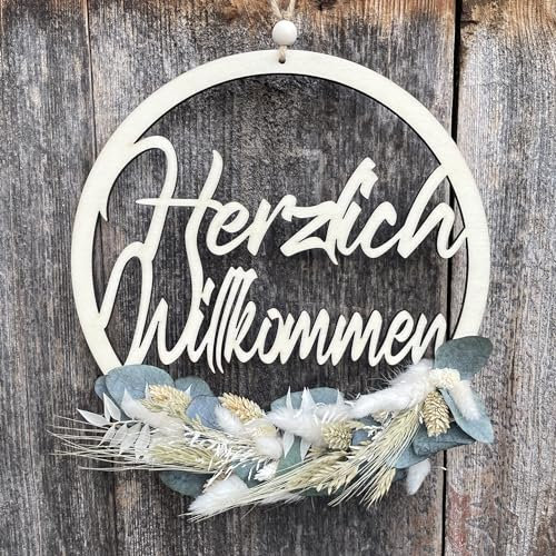 Willkommensschild - Trockenblumenkranz - Türkranz Trockenblumen mit Herzlich Willkommen'' Schriftzug - Herzlich Willkommen Türhänger (30cm Holz Natur, Weiss/Grün)