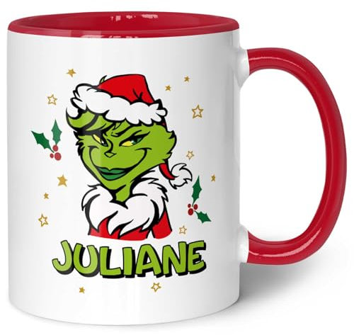 GRAVURZEILE Bedruckte Tasse - Grinch Motiv - Personalisiert mit Namen - Spülmaschinenfest & Mikrowelle geeignet - Weihnachtstasse als Geschenk für Sie & Ihn zu Weihnachten - Farbe: Rot