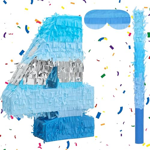 Birchio Pinata-Set mit Zahl 4 mit Augenbinde und Schläger (41 x 29 x 10 cm), perfekt für Geburtstagspartys, Bausteine, Geburtstag, Dekoration
