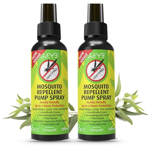 THEYE Insect Repellent Spray Double Pack for Body - 2 x 100% Natural Mosquitot Repellent Spray (Deet Free), No Preservatives or Other Harmful Chemicals - Pump Spray, 2 x 100ml