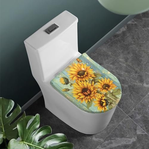 COEQINE Aqua Sunflower WC-Deckelbezug, zierliches Blumenmuster, Badezimmerteppich-Set mit WC-Deckelbezug für Badezimmer Heimdekoration