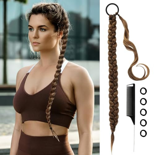 GUOYIHUA Ponytail Extension, 65cm Lange Pferdeschwanz Haarteile, Braids Zopf Extensions mit Haargummi und Kamm, Wrap Around Braids Haarverlängerungen Ponytail Haarteil für Damen Braun