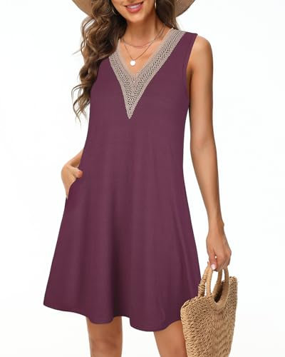 Tanmolo Damen Sommerkleid Kurz Freizeitkleid Spitze V-Ausschnitt Knielang Ärmellos Swing Kleid M Lila