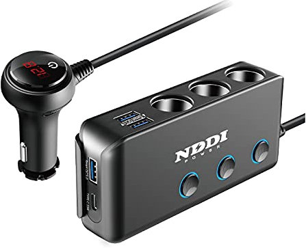NDDI POWER Cargador Coche Carga RáPida, Adaptador Mechero Coche A Enchufe, 120 W Cargador Mechero Coche, con Quick Charge Qc 3.0 Y 3 Puertos USB 5v/MAX 5.5a, Indicador De Voltaje Led
