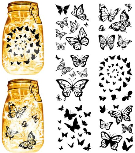 CREATCABIN 24 Sheets 6 Styles Butterfly Mason Jar Decals Butterflies Stickers Die Cuts Silhouettes Self-Adhesive PVC Waterproof for Craft Scrapbook Lantern Jars Wall Windows Glass Black 7.8x5.9Inch