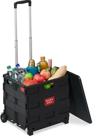 Relaxdays Einkaufstrolley, klappbar, Einkaufskorb mit Rollen, Deckel & Teleskopgriff, bis 35 kg, Rollkiste, schwarz/grau