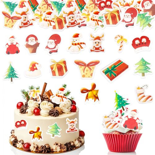 GoldRock Essbare Tortendeko Weihnachten, 48 Stück Weihnachts Esspapier Tortendeko Weihnachten Essbar Cupcake Topper,Weihnachtsmann Muffin Deko,Kuchen Deko Weihnachten,Tortendeko Essbar für Weihnachten