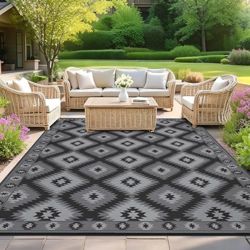 SHACOS Outdoor Teppich Wetterfest 270x360 cm, Wendbarer Balkon Camping Teppich, Kunststoffteppich UV-beständig Patio Rug Picknickdecke für Terrasse Garten Picknick BBQ, Schwarz & Grau