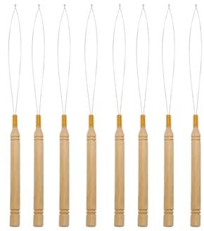 8PCS Hair Extension Loop Needle Threader Kit - Wooden Handle Pulling Hooks for Micro Rings, Nano Beads and Feather Extensions