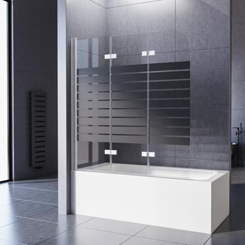 WOWINNE Duschwand für Badewanne, Duschwand 130x140cm Schwarz Gestreift Badewannenaufsatz Duschwand Weiß 3-teilig Faltbar Duschabtrennung Badewanne mit 5mm NANO ESG-Glas