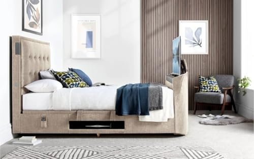 The Edge 5.1.2 Surround Sound TV Media Bed with Ottoman Storage - Beige (King (U.K. Standard))
