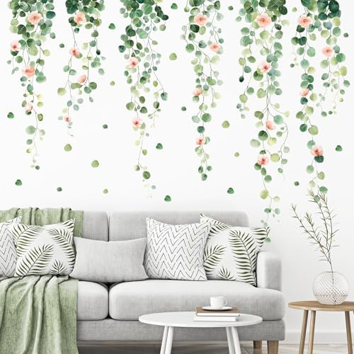SHUCHING Adesivi Murali Vite Appesa Piante Fiori, Adesivi da Parete Pianta Foglie Verde di Fiori Rosa, Decorazione Murale Soggiorno Camera da Letto