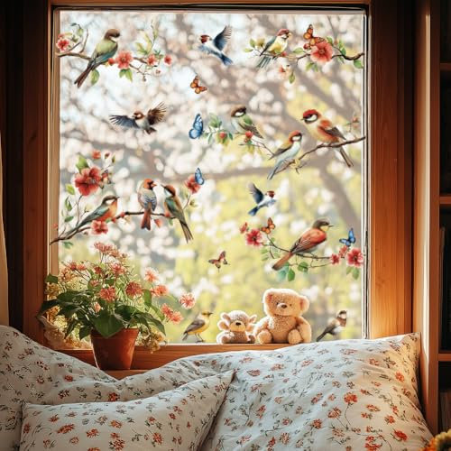 ANATTASOUL Fensterbilder Doppelseitig Vögel, Äste und Schmetterlinge Fensterdeko Wiederverwendbar Fenstersticker Selbstklebend Fenster Aufkleber Deko Frühling Sommer für Glas Kinderzimmer Badezimmer
