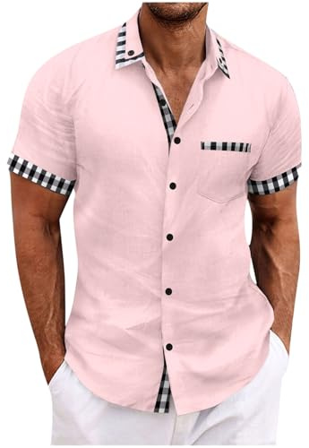 UHouse Chemise Homme en Cotton Lin Chemises Manches Courtes Casual Chemisette Boutonné Col Mao Vêtements Grande Taille Button Down Shirt D'Été Respirant Leger Habit