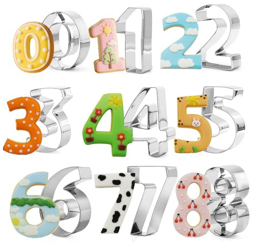 KUKIFUN 9Pack Number Cookie Cutters Set, 0~9 Numbers Shaped Stainless Steel Biscuit Molds for Birthday Party Baking Homemaking Dough Candle DIY Cake Decoration