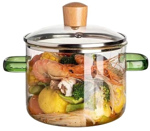 Pentola in vetro borosilicato con coperchio, resistente al calore, pentola trasparente con doppi manici per una cottura versatile
