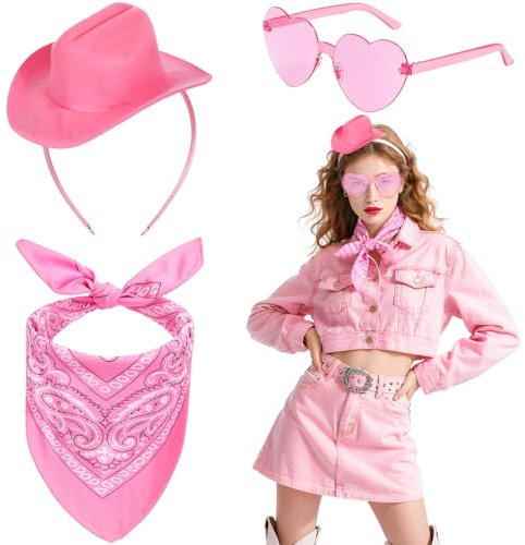Saier tbo 3 Stück Western CowboyHut Stirnband Set für Damen, Rosa Cowgirl Accessoires Kit mit Mini Hut-Stirnband Paisley Bandana Brille für Halloween Karneval Mottoparty