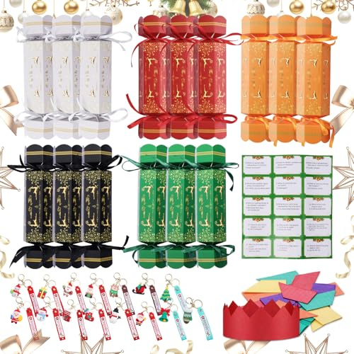 Solorass Crackers de Noel Christmas Cracker de Noël Pétard Bricolage avec 15 Porte-clés Chapeaux en Papier Cartes de Puzzle Rubans