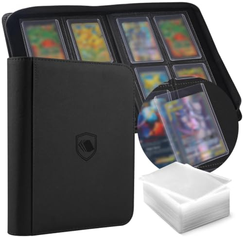 Toploader Sammelkarten Album für 160 Karten, 100 Toploaders Inklusive | 4 Taschen, Premium PU Cover Kartenordner für 3 x 4 Rigid Toploader, Ringloses beidseitiges Sammelalbum für TCG, Sportkarten