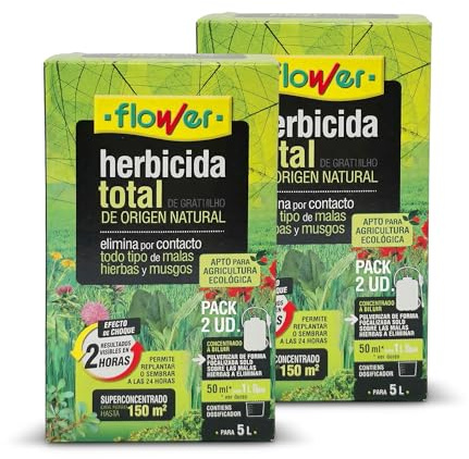 FLOWER x2 Herbicida Total Ecológico Origen Natural 300 m² | Elimina Malas Hierbas y Musgos | Alternativa Glifosato | Resultados 2 Horas | 500ml + Dosificador Diluir 10L Agua | Súper Concentrado