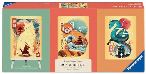 Ravensburger Puzzle 12002048 - Katzenkrieger, Roter Panda & Drache im Ukiyo-e-Stil - 3 Minipuzzles mit je 100 Teilen und Einer Mini-Staffelei, im japanischen Stil illustriert, geeignet ab 10 Jahren