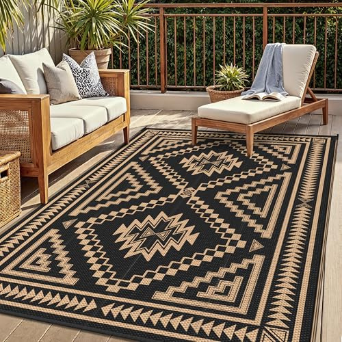 GENIMO Outdoor Teppich Wetterfest 120x180cm Plastik-Strohhalm Matte | UV-beständig & Waschbarer Balkon Teppich für Terrasse, Balkon, Pool, Picknick, Camping, Schwarz Braun