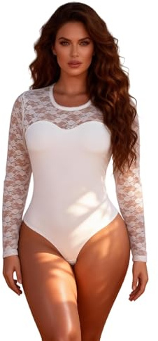 ohmydear Women's Bodysuits Plus Size Lace Patchwork Short Sleeve Leotard Tops Ladies Crew Neck Going Out Thong Body Suits S-2XL