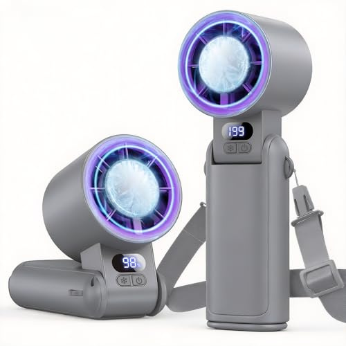 Deyhoc Handheld Fan Rechargeable with Ice Cooler & LED Display, 1-199 Speed | 3-in-1 Hand/Neck/Desk Fan, 24ft/s Powerful Airflow, Portable for Travel/Camping/Office/Home, Grey