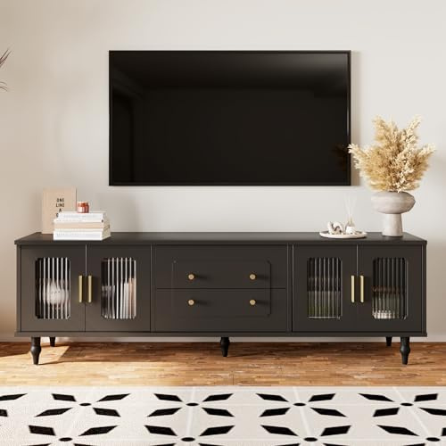 HaoChrymec Meuble TV Lowboard en Bois, Style Rétro avec Portes en Verre, Poignées Dorées, Pieds en Bois Massif, Grand Espace de Rangement, Couleur Noire, 175x38x55.5 cm