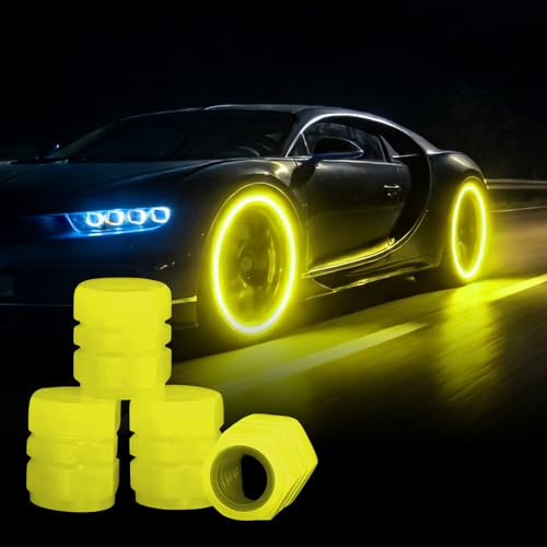 4 Stück Ventilkappen Auto Leuchtend, Leuchtendes Auto Reifenventil, Fluoreszierende Reifenventilkappen mit Dichtung, Universelle Ventilkappen für Motorrad, Fahrrad, SUV (Gelb)