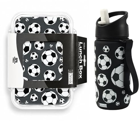iDrink Set Scuola Bambini - Borraccia Termica 420ml con Cannuccia + Lunch Box con Posate e Scomparti - Acciaio Inox e PP BPA Free - Kit Pranzo e Merenda per Asilo ed Elementari - per Gite (Calcio)