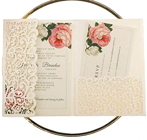 25pcs 5x7.28 Ivory Vintage Tri Fold Wedding Invitations Cards pocket Pearl Paper Laser Cut Hollow Carving Greeting invites Covers only no envelope no insert