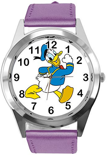 TAPORT® Armbanduhr Analog Quarz mit Echtlederband violett rund für Fan von Donald Duck