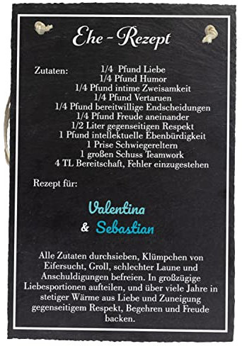 wandmotiv24 Schiefertafel Hochzeit Ehe-Rezept, Aufhängeschild mit Seil 20 x 30cm, Personalisierter Name + Liebesrezept, Digitaldruck, Naturprodukt, Hochzeitsgeschenk Brautpaare, Deko, Verlobung