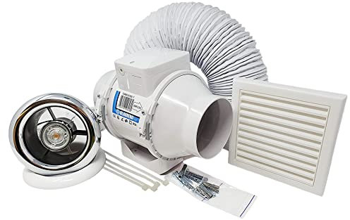 Full Shower Fan Light Kit - 100mm LED Light Chrome & White Bezel for Steam Moist Damp Condensation Control Low Noise Bathroom Toilet En-Suite 4 inch Run on Timer and 4.6w MR 16 4000k 12v Angle Light