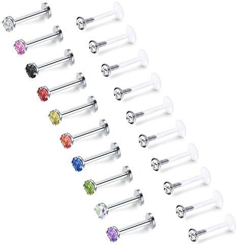 Mayhoop 20PCS Lippenpiercing Labret Monroe Ohrstecker 16G 8mm Tragus Helix Piercing Ohrstecker aus Acryl und Edelstahl mit 3mm klarem und buntem Kristall Piercing Schmuck