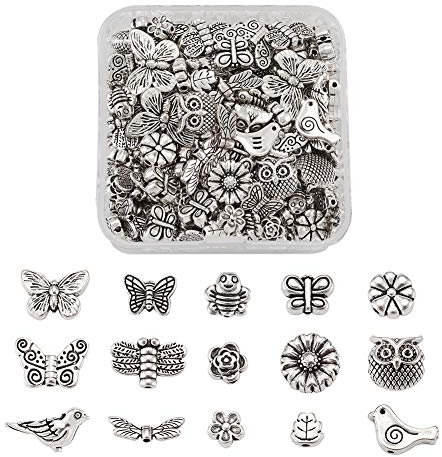 Cheriswelry 150 Stück tibetische Silber Schmetterling Blume Spacer Perlen Eule Vogel Libelle Bienen lose Perlen Charms für Schmuckherstellung Loch: 1-2 mm