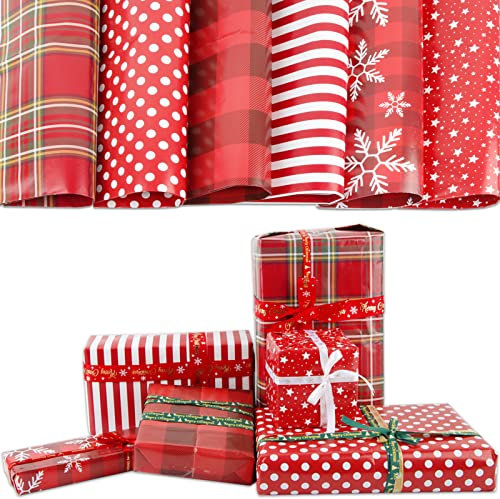 6 Blätter Weihnachtspapier Geschenkpapier Rot 2 Bänder Kraftpapier Geschenkverpackung für Weihnachten