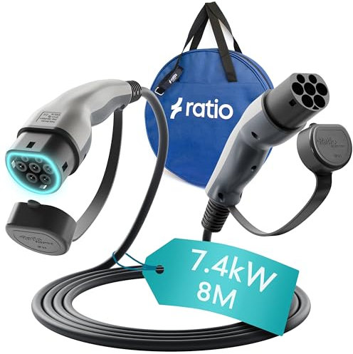 Ratio Type 2 EV Charging Cable, 32A | 7.4kW | 8 Metre | 1 Phase | Mode 3 | Type 2 to Type 2, Electric Vehicle Car Plug-in Fast Charging Cable for Model Y/3, Q4 e-tron, MG4, i4, EQA, Enyaq, Kona & More