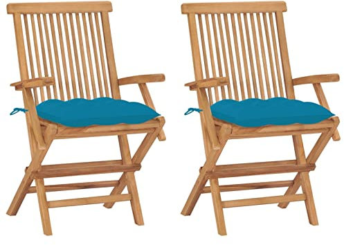 Tidyard 2 STK. Gartenstühle mit Hellblauen Kissen Klappstuhl mit Armlehne Holzstuhl Hochlehner Terrassenstuhl Balkonstuhl Gartenmöbel Massivholz Teak