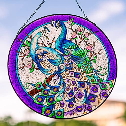Dreamskip 30 cm Pfau Buntglas-Fensterbehang, Pfauen-Wandkunst-Dekor, Sonnenfänger-Panel mit Kette (lila)