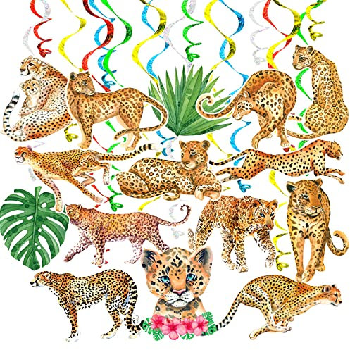 Leoparden-Geparden-Wirbel, hängende Wirbel, 30 Stück, Safari-Dschungel, wilde Tierfolie, Bachläufe, Girlande, Banner, Dekorationen für Kinder, Geburtstagsparty, Babyparty, Feiern, Raumwanddekoration